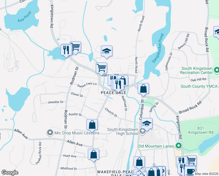 map of restaurants, bars, coffee shops, grocery stores, and more near in South Kingstown