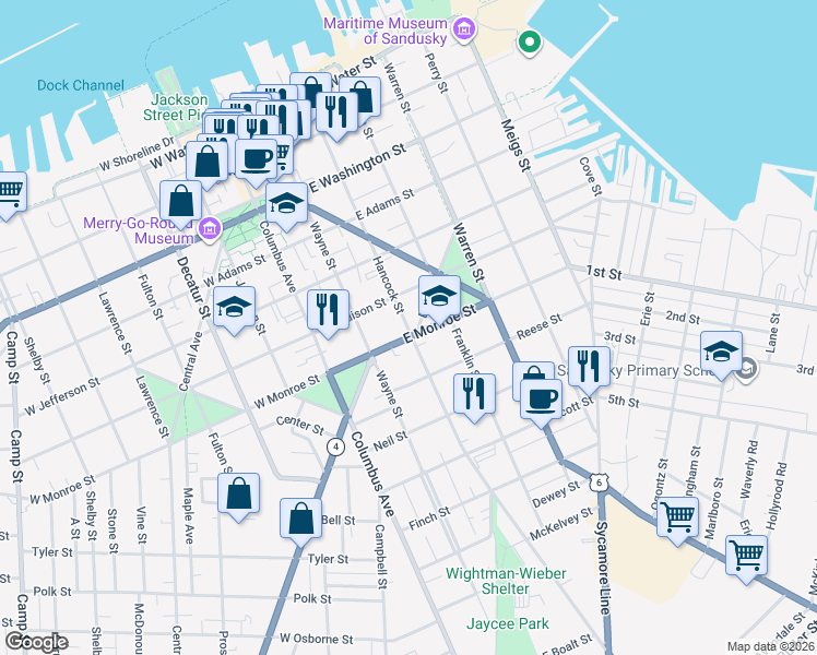 map of restaurants, bars, coffee shops, grocery stores, and more near 634 Hancock Street in Sandusky