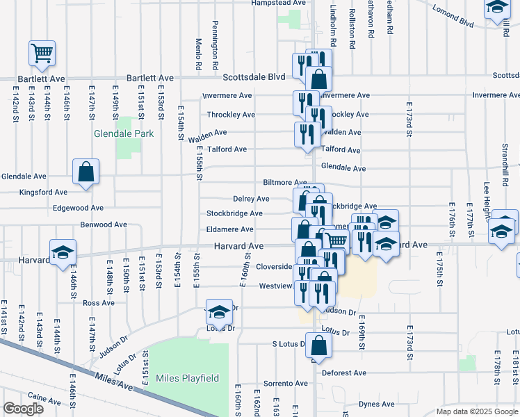 map of restaurants, bars, coffee shops, grocery stores, and more near 16102 Stockbridge Avenue in Cleveland