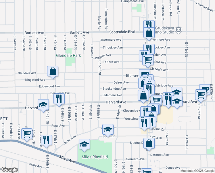 map of restaurants, bars, coffee shops, grocery stores, and more near 15510 Stockbridge Avenue in Cleveland