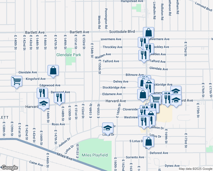 map of restaurants, bars, coffee shops, grocery stores, and more near 15510 Stockbridge Avenue in Cleveland