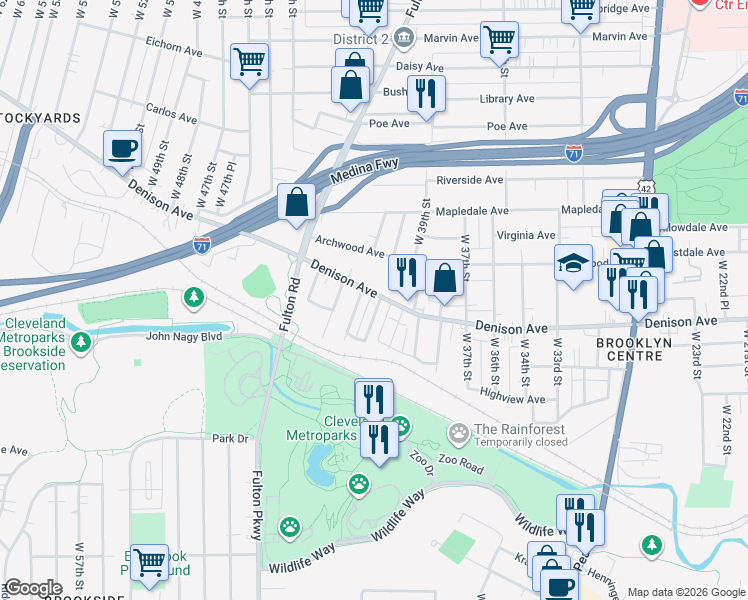 map of restaurants, bars, coffee shops, grocery stores, and more near 3839 West 41st Street in Cleveland