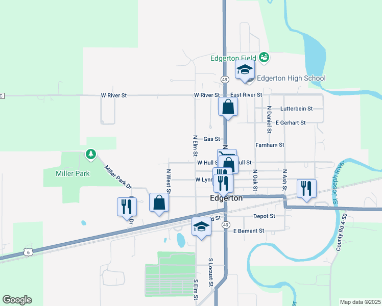 map of restaurants, bars, coffee shops, grocery stores, and more near 208 West Hull Street in Edgerton
