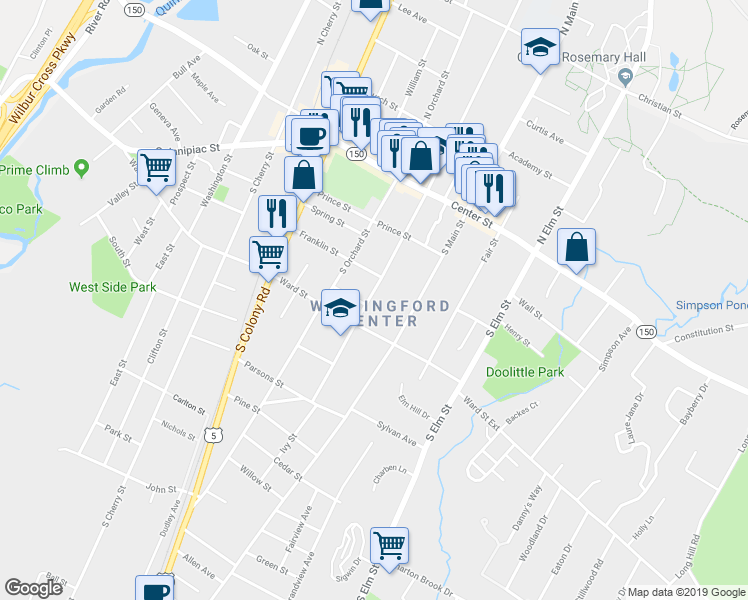 map of restaurants, bars, coffee shops, grocery stores, and more near 128 South Whittlesey Avenue in Wallingford