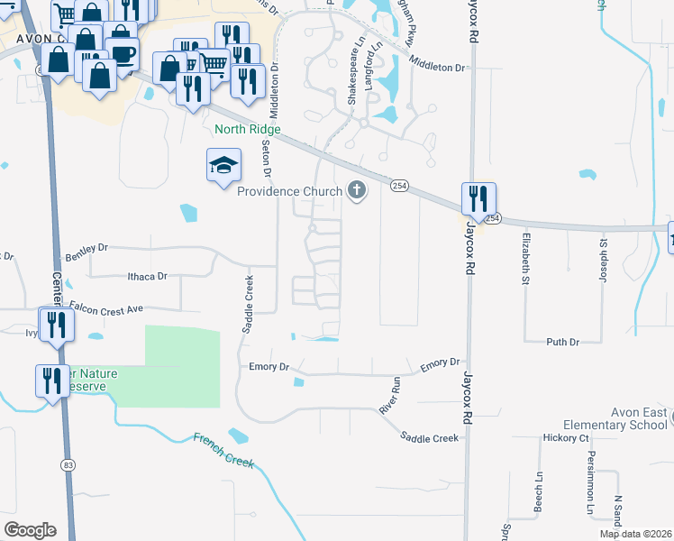 map of restaurants, bars, coffee shops, grocery stores, and more near 2813 Shakespeare Lane in Avon