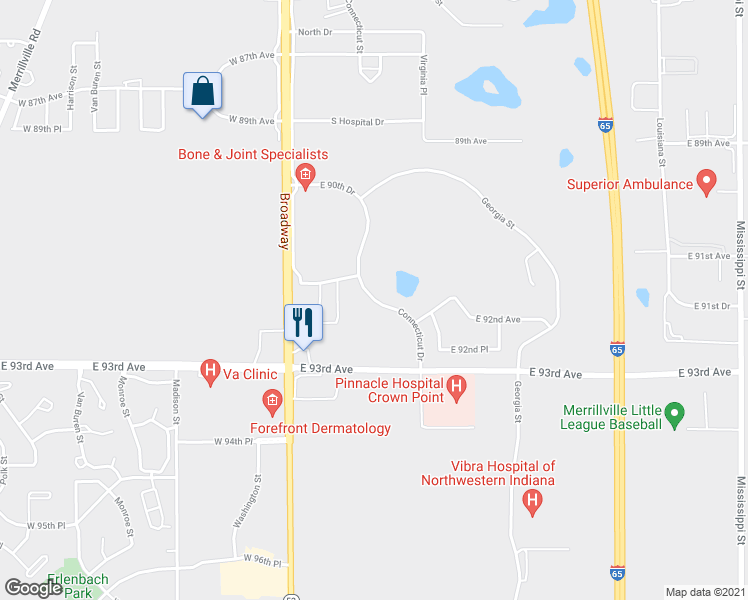 map of restaurants, bars, coffee shops, grocery stores, and more near 9199 Connecticut Drive in Merrillville
