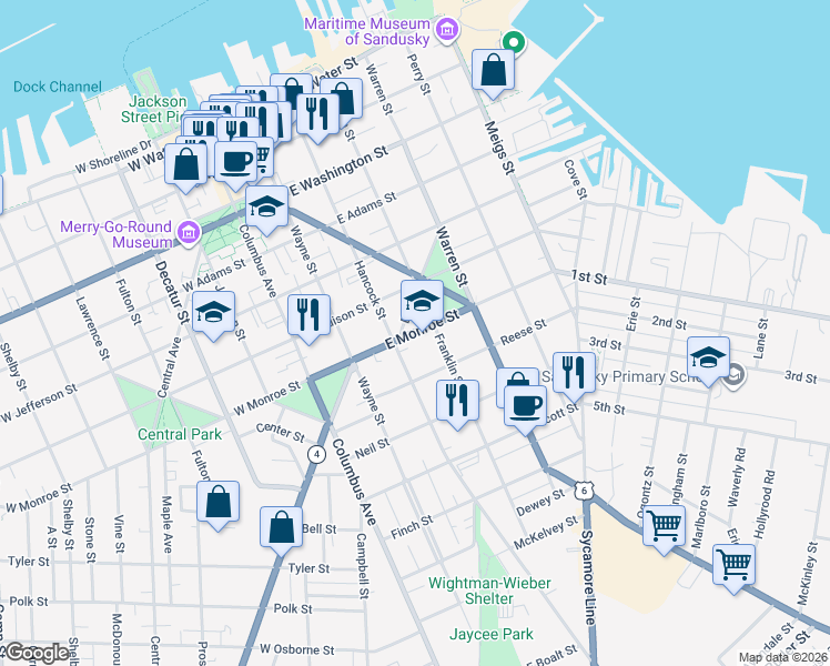 map of restaurants, bars, coffee shops, grocery stores, and more near 328 East Monroe Street in Sandusky
