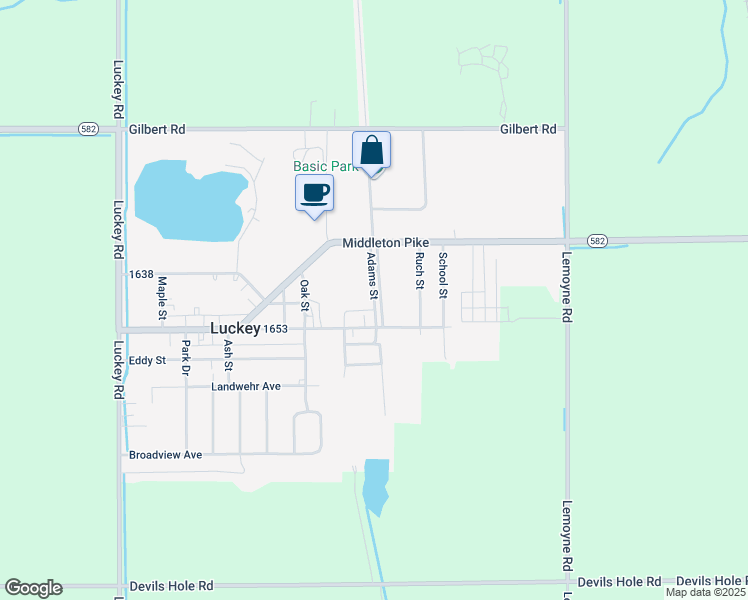 map of restaurants, bars, coffee shops, grocery stores, and more near 412 Main Street in Luckey