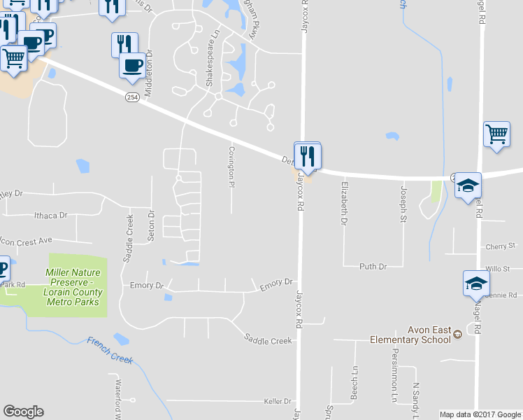 map of restaurants, bars, coffee shops, grocery stores, and more near 2711 Palmer Lane in Avon