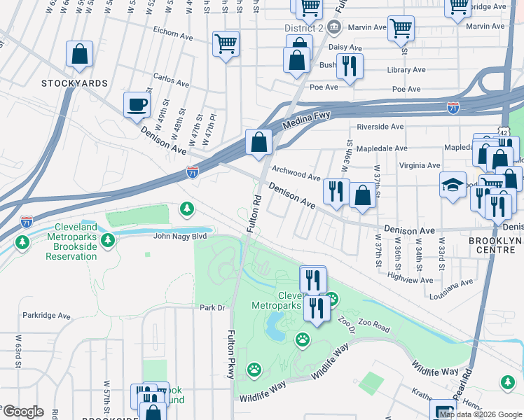 map of restaurants, bars, coffee shops, grocery stores, and more near 4349 Torwood Court in Cleveland