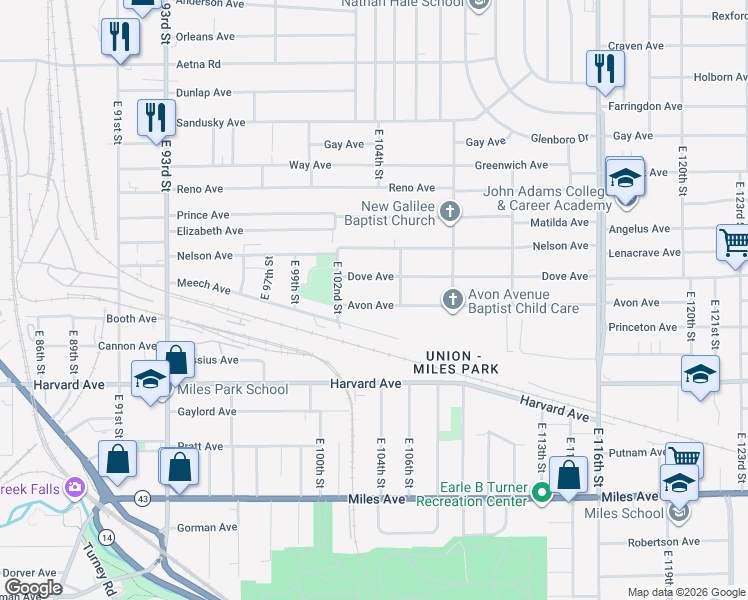 map of restaurants, bars, coffee shops, grocery stores, and more near 10402 Avon Avenue in Cleveland