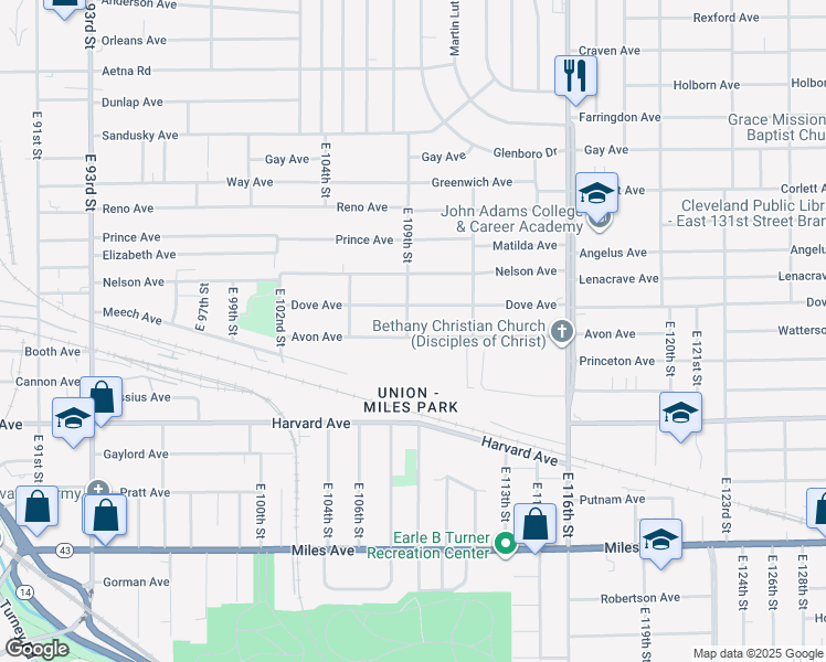 map of restaurants, bars, coffee shops, grocery stores, and more near 10901 Avon Avenue in Cleveland