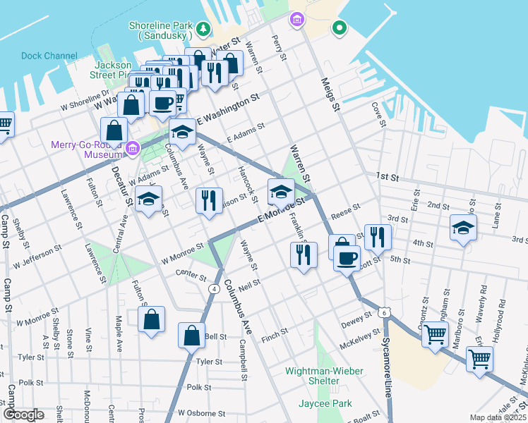 map of restaurants, bars, coffee shops, grocery stores, and more near 634 Hancock Street in Sandusky