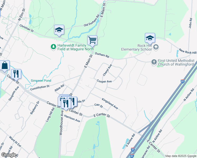 map of restaurants, bars, coffee shops, grocery stores, and more near 36 Cooper Avenue in Wallingford