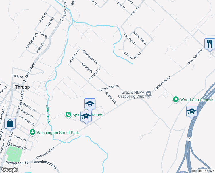 map of restaurants, bars, coffee shops, grocery stores, and more near 201 School Side Drive in Throop