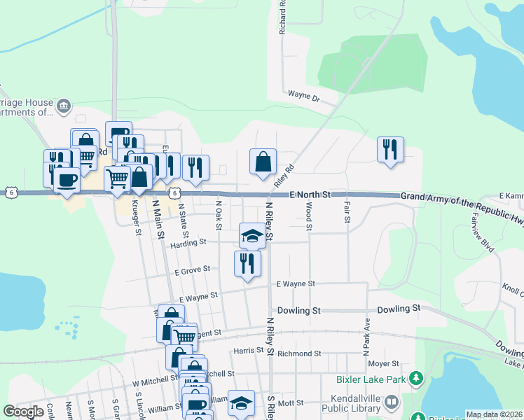map of restaurants, bars, coffee shops, grocery stores, and more near 506 North Summitt Street in Kendallville
