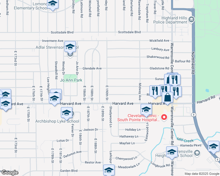 map of restaurants, bars, coffee shops, grocery stores, and more near 19110 Kings Highway in Warrensville Heights