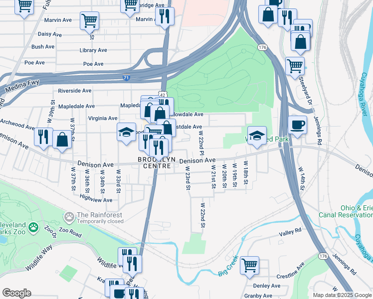 map of restaurants, bars, coffee shops, grocery stores, and more near 2300 Garden Avenue in Cleveland