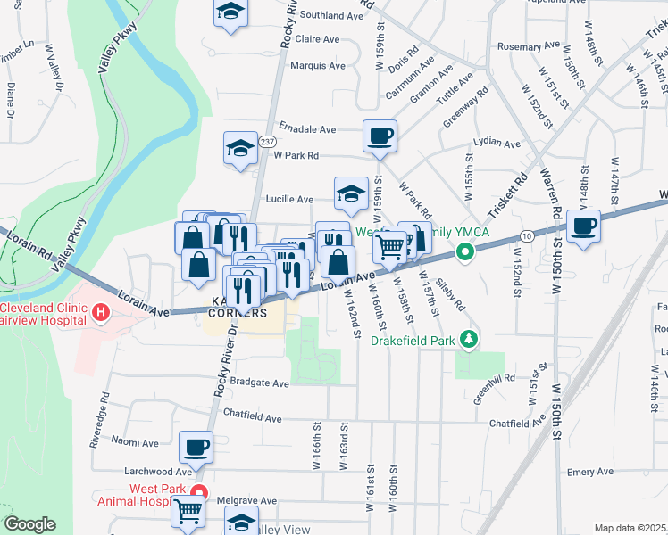 map of restaurants, bars, coffee shops, grocery stores, and more near 16210 Lorain Avenue in Cleveland