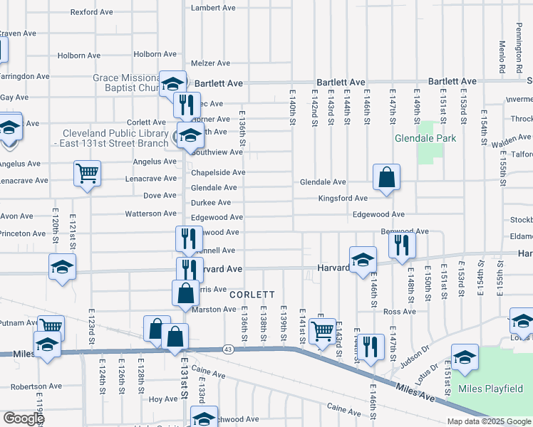 map of restaurants, bars, coffee shops, grocery stores, and more near 13701 Benwood Avenue in Cleveland