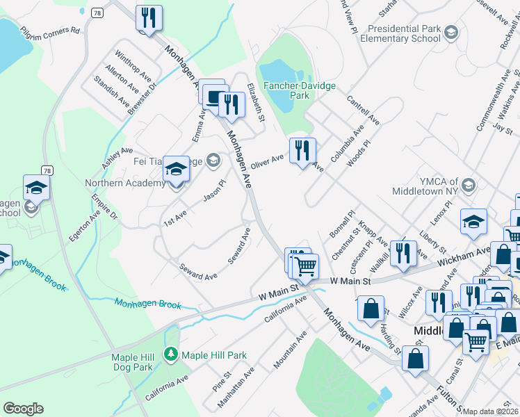 map of restaurants, bars, coffee shops, grocery stores, and more near in Middletown