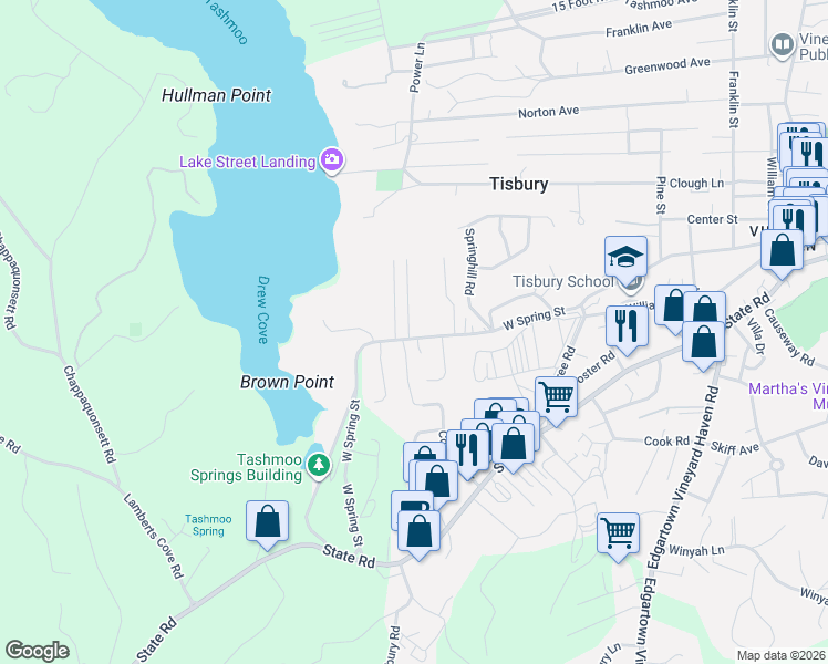 map of restaurants, bars, coffee shops, grocery stores, and more near 172 West Spring Street in Tisbury