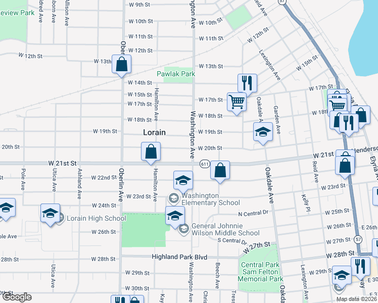 map of restaurants, bars, coffee shops, grocery stores, and more near 942 West 21st Street in Lorain