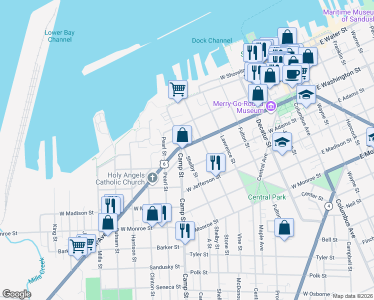 map of restaurants, bars, coffee shops, grocery stores, and more near 1118 West Washington Street in Sandusky