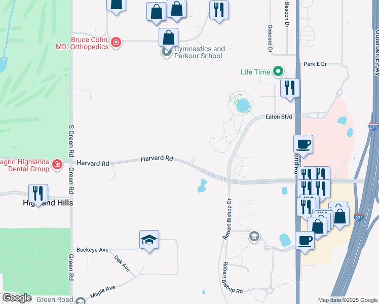 map of restaurants, bars, coffee shops, grocery stores, and more near 25194 Harvard Road in Highland Hills