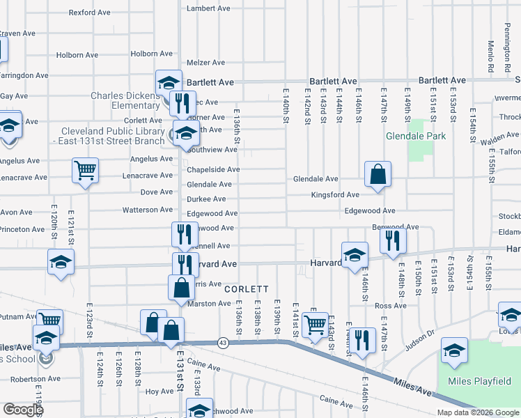 map of restaurants, bars, coffee shops, grocery stores, and more near 13701 Benwood Avenue in Cleveland