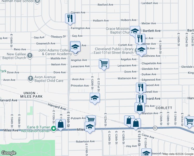 map of restaurants, bars, coffee shops, grocery stores, and more near 3959 East 120th Street in Cleveland
