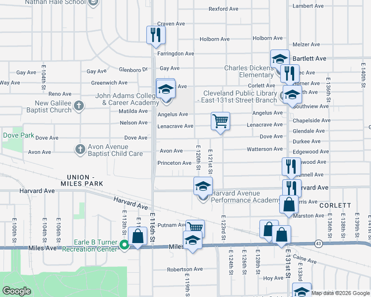 map of restaurants, bars, coffee shops, grocery stores, and more near 11825 Princeton Avenue in Cleveland