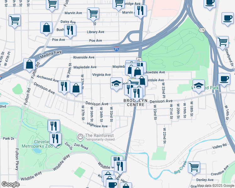 map of restaurants, bars, coffee shops, grocery stores, and more near in Cleveland
