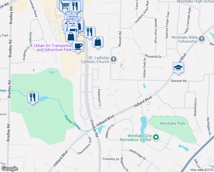 map of restaurants, bars, coffee shops, grocery stores, and more near 2647 Broadmore Lane in Westlake