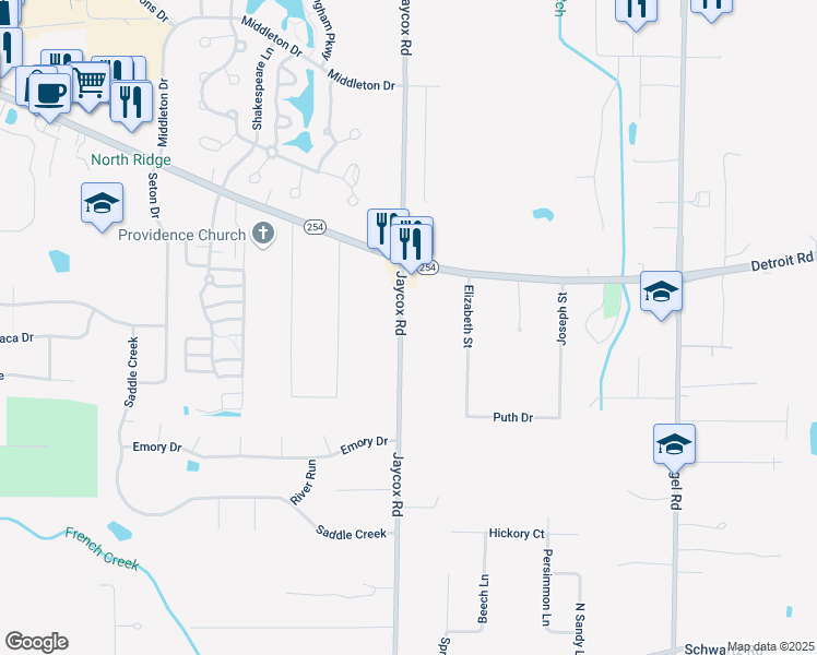 map of restaurants, bars, coffee shops, grocery stores, and more near 2600 Jaycox Road in Avon