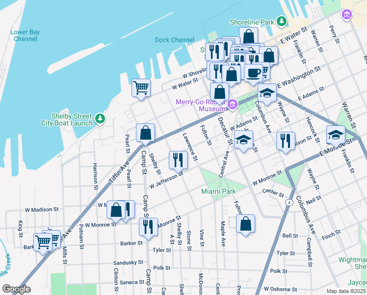 map of restaurants, bars, coffee shops, grocery stores, and more near 926 West Adams Street in Sandusky
