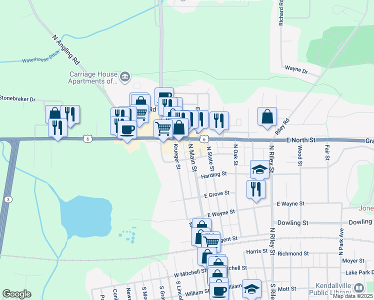 map of restaurants, bars, coffee shops, grocery stores, and more near 633 North Main Street in Kendallville