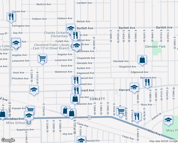 map of restaurants, bars, coffee shops, grocery stores, and more near 13411 Edgewood Avenue in Cleveland
