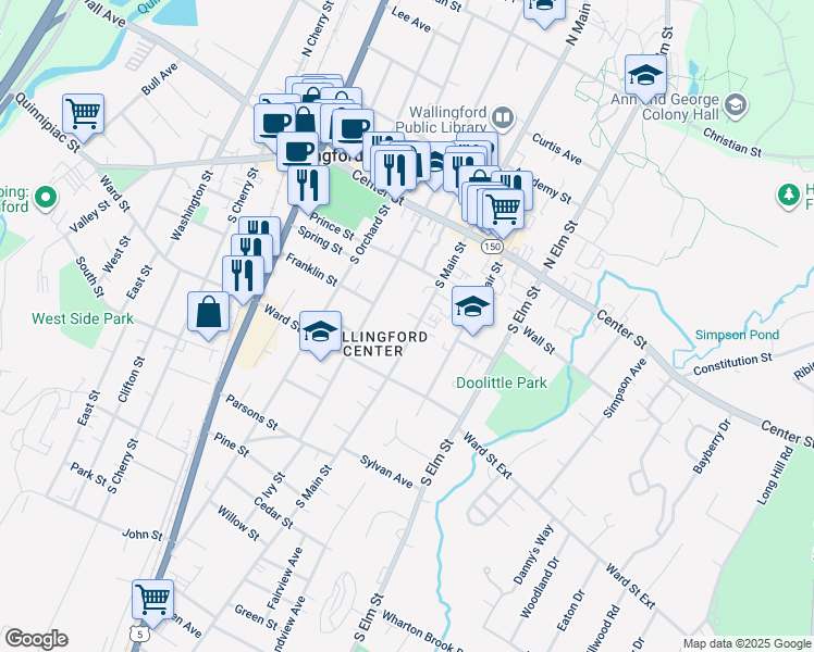 map of restaurants, bars, coffee shops, grocery stores, and more near 153 South Main Street in Wallingford