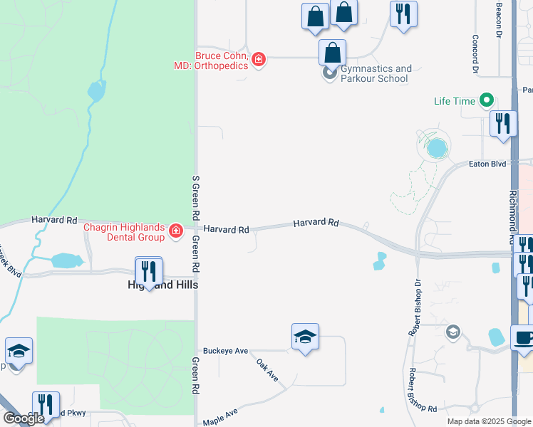 map of restaurants, bars, coffee shops, grocery stores, and more near 23311 Harvard Road in Beachwood