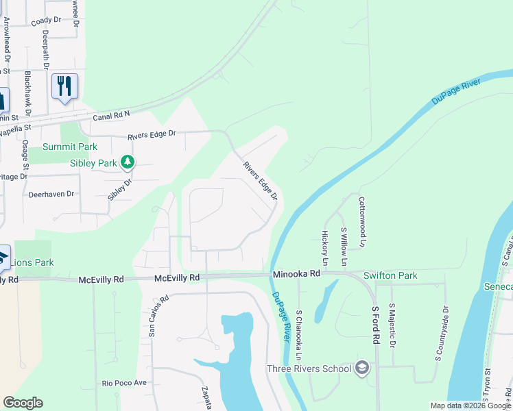 map of restaurants, bars, coffee shops, grocery stores, and more near 205 River Court in Minooka
