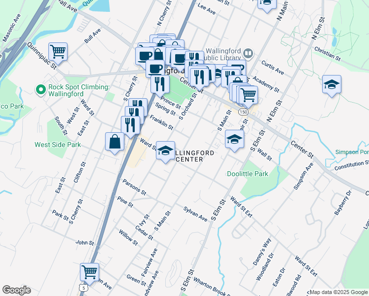 map of restaurants, bars, coffee shops, grocery stores, and more near 127 South Whittlesey Avenue in Wallingford