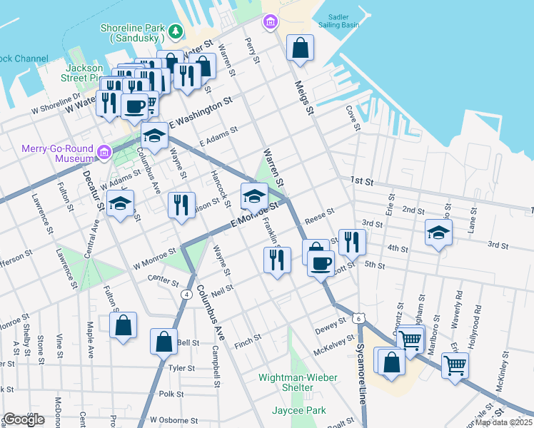 map of restaurants, bars, coffee shops, grocery stores, and more near 407 Reese Street in Sandusky