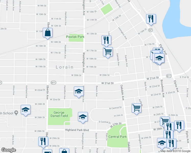 map of restaurants, bars, coffee shops, grocery stores, and more near 903 West 20th Street in Lorain