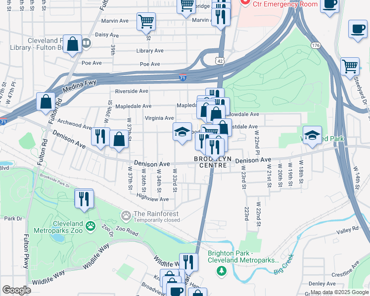 map of restaurants, bars, coffee shops, grocery stores, and more near 3799 West 33rd Street in Cleveland