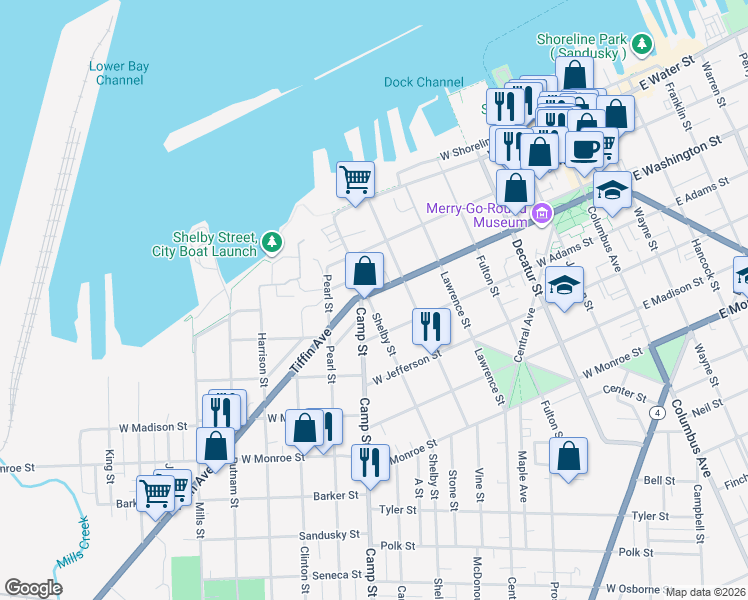 map of restaurants, bars, coffee shops, grocery stores, and more near 1118 West Washington Street in Sandusky