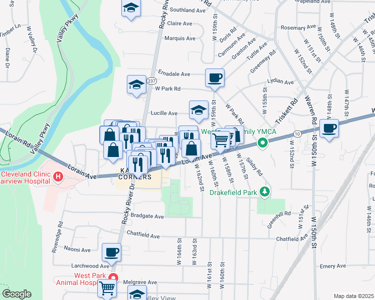 map of restaurants, bars, coffee shops, grocery stores, and more near 16210 Lorain Avenue in Cleveland