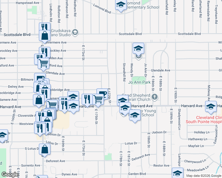 map of restaurants, bars, coffee shops, grocery stores, and more near 3977 East 177th Street in Cleveland