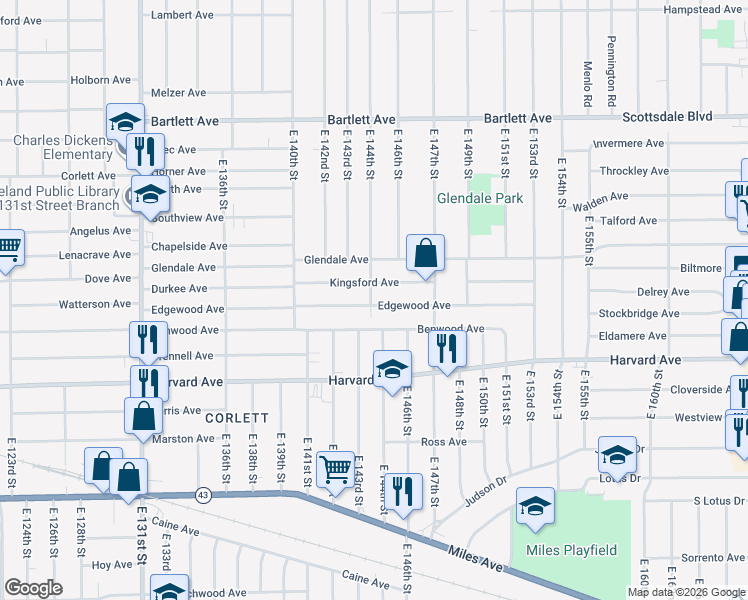 map of restaurants, bars, coffee shops, grocery stores, and more near 14401 Edgewood Avenue in Cleveland