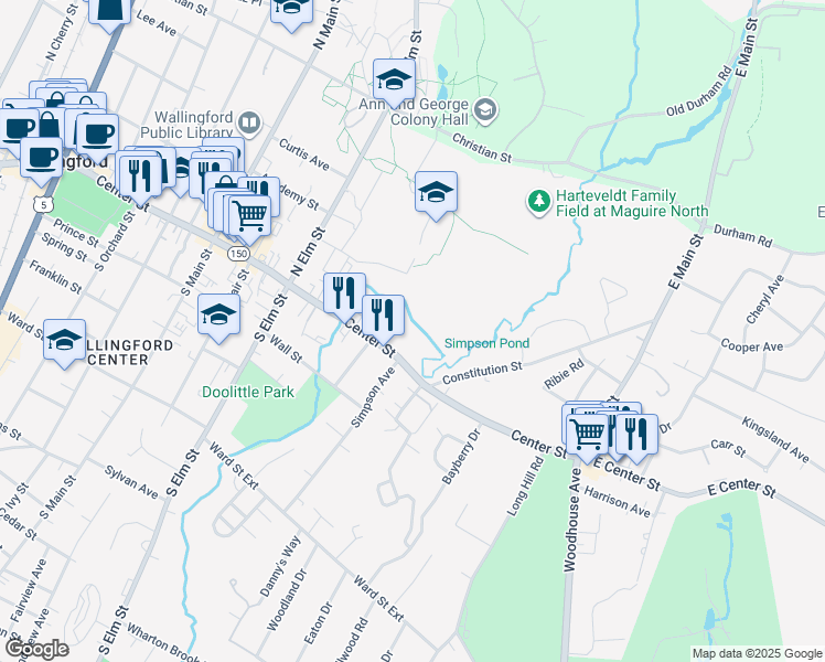 map of restaurants, bars, coffee shops, grocery stores, and more near in Wallingford